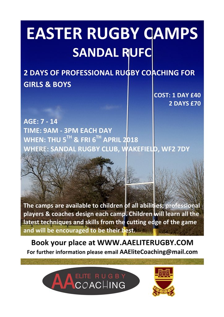 AAEliteSports's tweet photo. A new set of Easter Camp Dates! 5/6th April @sandalrufc &amp; 9-11th @OxfordQuins #Rugby #Camps #Skills4Life https://t.co/RyJxAHaTy9