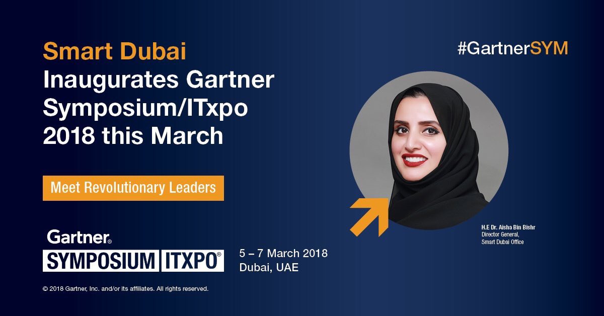 AihamAlakhras's tweet photo. We are delighted that tomorrow H.E. @Aisha_BinBishr , Director General  @SmartDubai, will be inaugurating @Gartner Symposium/ITxpo, the world's most important gathering of CIOs &amp; senior IT Executives. 
#GartnerSYM https://t.co/Eq5thlTX6J