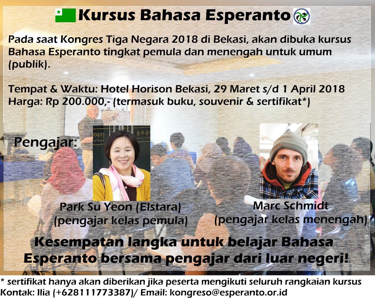 TrilandaKongres's tweet photo. Saluton!

Dalam Kongres Esperanto Tiga Negara yang akan diadakan di Bekasi, terdapat juga Kursus Bahasa Esperanto yang bisa diikuti. Yuk coba mengenal lebih dalam bahasa Esperanto! Daftar kursusnya rasakan manfaatnya 💚 https://t.co/xE8dapxF4n