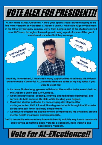 AlexSUPresident's tweet photo. Hi guys! Very happy with the support so far! Here's my manifesto if you wanted to check it out..... Please RE-TWEET the page and spread the word to house-mates, course mates, sports teams and societies! Much love!
Alex https://t.co/1CvRLloaxy