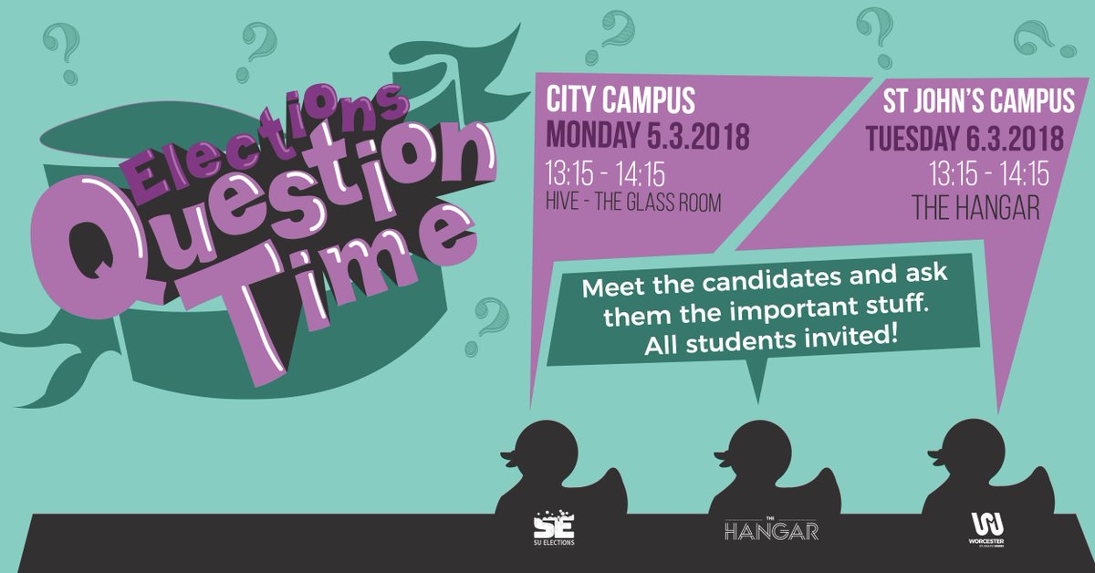 worcsu's tweet photo. Our first Question Time is taking place TOMORROW in The Glass Room (The Hive). We encourage all students to attend and meet the candidates for the 2018 SU Leadership Elections. #VoteWorc https://t.co/ljiovDqy86