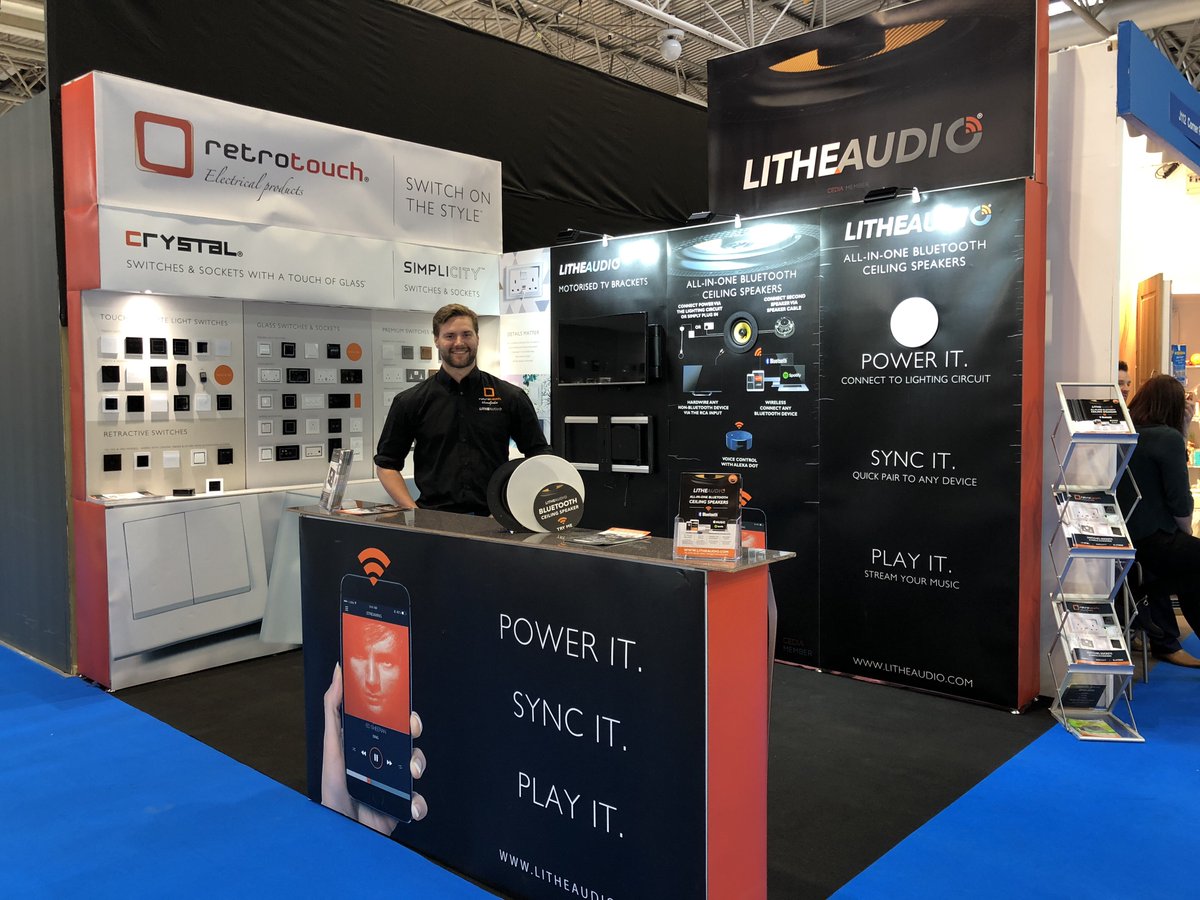 Ready for Day 1 at #kbb18 visit us on stand J114 for a live demo of our amazing all in one  Bluetooth ceiling speakers and glass switches and sockets and motorised TV mounts