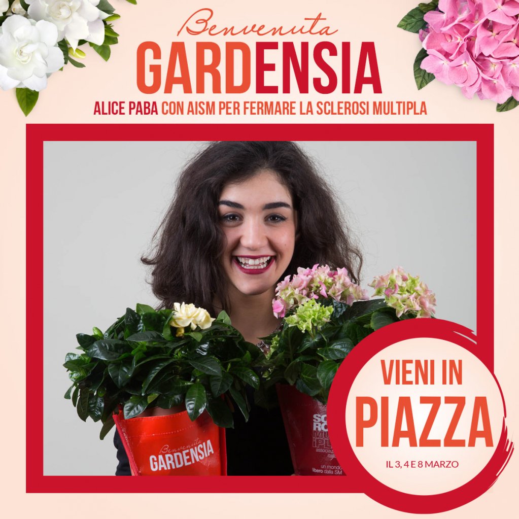 Il 3,4 e 8 marzo unisciti a noi e ad <a href="/alice_paba/">Alice Paba</a> e sostieni la #ricerca scientifica per fermare la #sclerosimultipla. Trova la piazza più vicina a te ➡ goo.gl/TccShv 🙂 #Gardensia 🌺  #SMuoviti