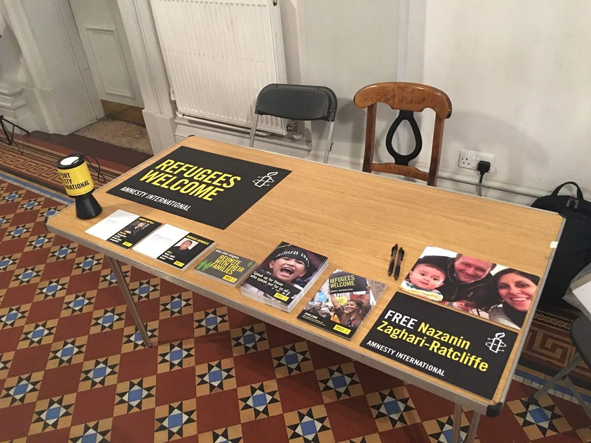 Just finished setting up our Amnesty stall at Shoreditch Town Hall for the Contemporary Music For All concert this evening based on refugee stories #CoMAFest #RefugeesWelcome
