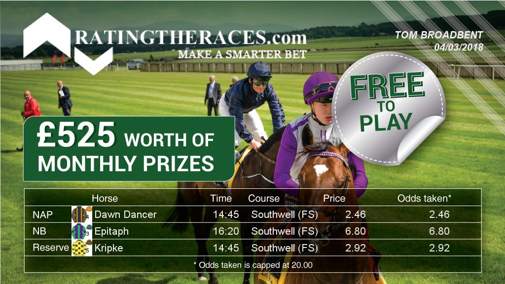 TomTomTomyB's tweet photo. My #RTRNaps are Dawn Dancer @ 14:45 &amp; Epitaph @ 16:20 - Sponsored by @RatingTheRaces https://t.co/CR50LIL0NZ