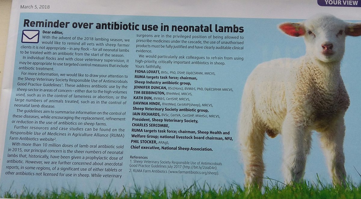 Attention all vets!
Please see letters in <a href="/Vet_Record/">Vet Record</a> &amp; <a href="/vettimesuk/">Vet Times</a> re #antibiotics in lambs

Please share with colleagues who have sheep flocks under their care

Thanks #shawg <a href="/SheepVetsoc/">Sheep Veterinary Soc</a> <a href="/natsheep/">National Sheep Association</a> <a href="/RUMA_UK/">RUMA Alliance</a> <a href="/NFUtweets/">National Farmers' Union</a> <a href="/AHDB_BeefLamb/">AHDB Beef & Lamb</a> <a href="/BritishVets/">BritishVets</a> <a href="/theRCVS/">Royal College of Veterinary Surgeons</a> 
#teamsheep #teamvet
