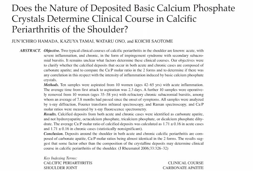 SonoMentor's tweet image. 'Does the nature of deposited basic calcium phosphate crystals determine clinical course in calcific periarthritis of the shoulder?' Appears not...the challenges on relevance continue buff.ly/2HZHN0A #keepitrelevant #thinkholistic #TUSSIntro