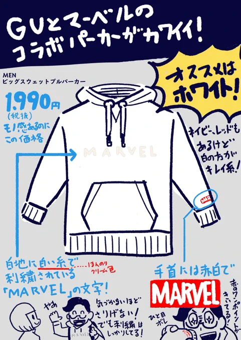 GUのマーベルのパーカーがめっちゃカワイイので描きました。メンズものだけどSサイズなら女性も着れると思います。 