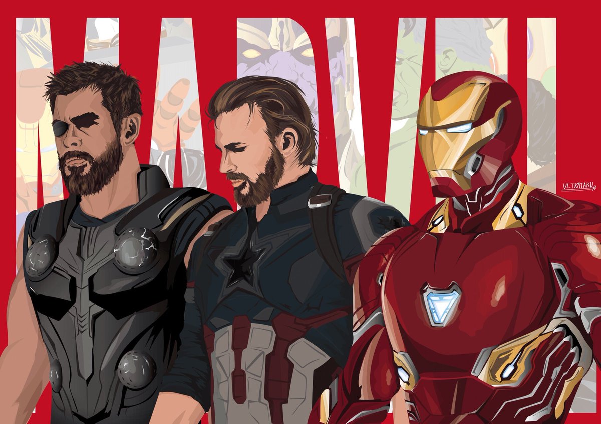 Ultrataku Twitterissa アベンジャーズ インフィニティウォー公開に向けて描き進めてるmcu10thイラスト なんとか公開前までにbig3は描き揃えられた まだ公開前で情報が少ないから難しかったけれども ソーはマント付きで描き直さなきゃかな笑