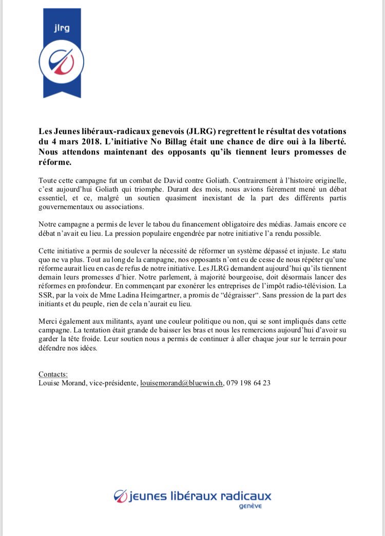 Communiqué de presse des <a href="/JLRGeneve/">JLR Genève</a> sur #NoBillag 

<a href="/NoBillagFR/">NoBillagRomandie</a> #CHVote
