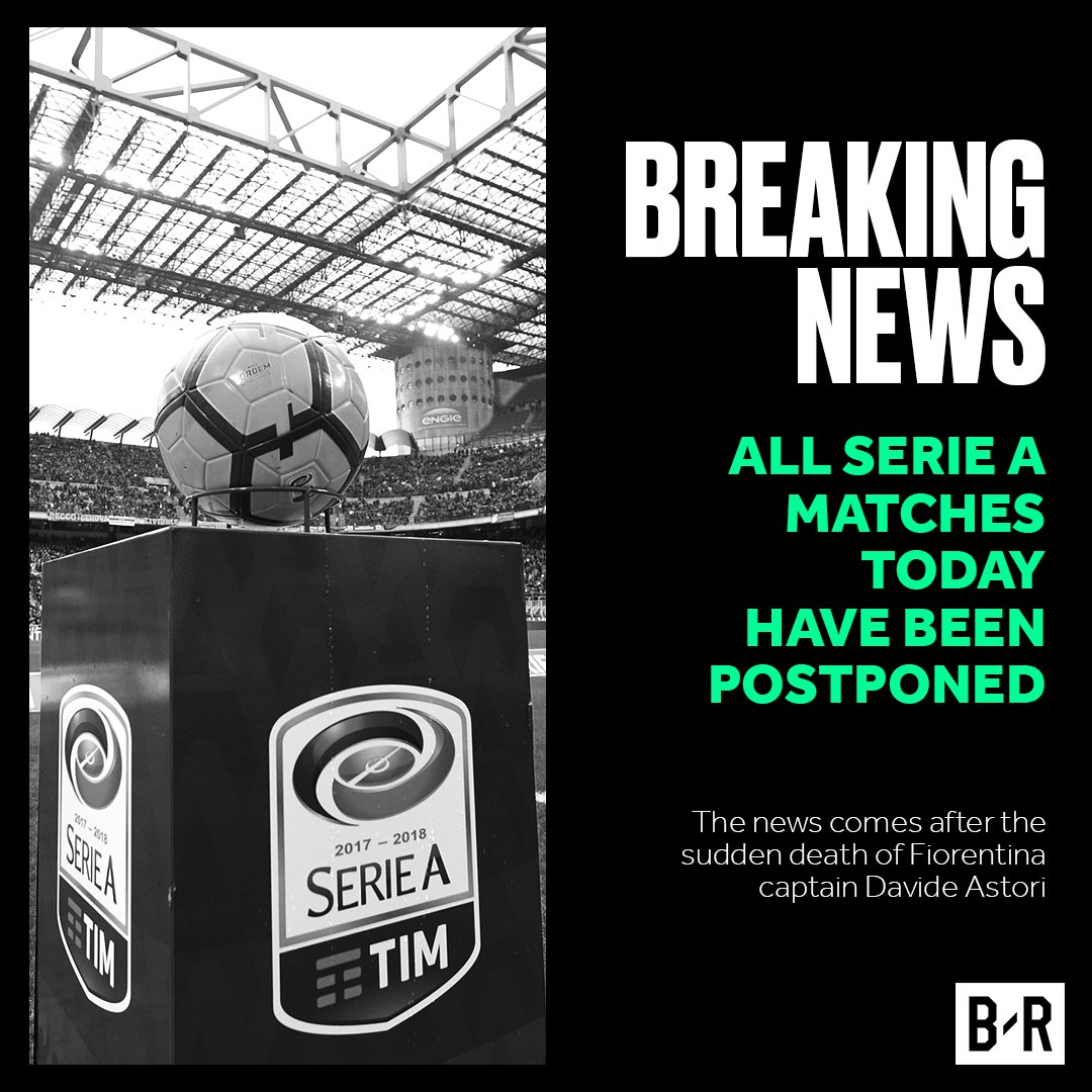 brfootball's tweet photo. All of today’s Serie A fixtures have been postponed following the death of Fiorentina’s Davide Astori https://t.co/Nuc3YVKZY2