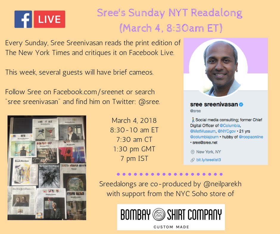 Prepping for Sunday NYT Readalong, w/ guests @laurasilv6 @cgritmon and more. Usual time, 8:30 am ET/1:30 pm GMT/7 pm IST. So much news to discuss. Thanks to <a href="/neilparekh/">Neil Parekh (He / Him / His)</a>, who helps produce these! Find us on my FB Wall at that time: FB.com/sreenet