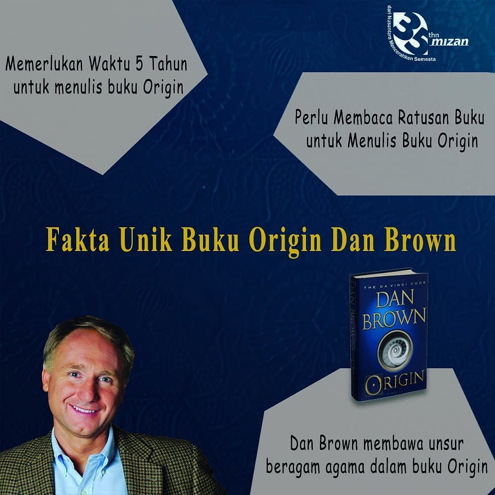 PenerbitMizan's tweet photo. Dan Brown memang selalu membuat tulisan fiksi dengan cara yang serius. Segala hal yang ditulis dalam bukunya memang hanyalah fiksi, akan tetapi dengan kemampuannya, ia dapat menyihir pembacanya untuk percaya bahwa itu semua betul-betul nyata.
.
#OriginIndonesia #DanBrown #Origin https://t.co/C9c6PPQi84