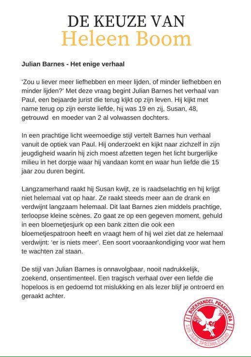 Enpassantbooks's tweet photo. De keuze van ... #2: trouwe klant Heleen Boom kiest een van haar favoriete boeken. 'Het enige verhaal' van Julian Barnes is haar (en Praamstra's) 'Boek van de maand. "(...) Als lezer blijf je ontroerd en geraakt achter." aldus Heleen. Oordeel zelf en koop dit boek bij #Praamstra. https://t.co/tXukvGMkJl