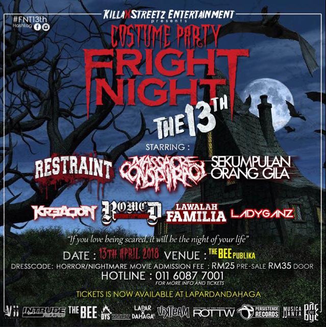 Greetings everyone! Our next show will be the Costume Party Fright Night The 13th happening at The Bee, Publika next 13th April. Get your tickets now &amp; follow the dresscode! See you there! 🤘🏽 #StayMetal #FrightNight13th