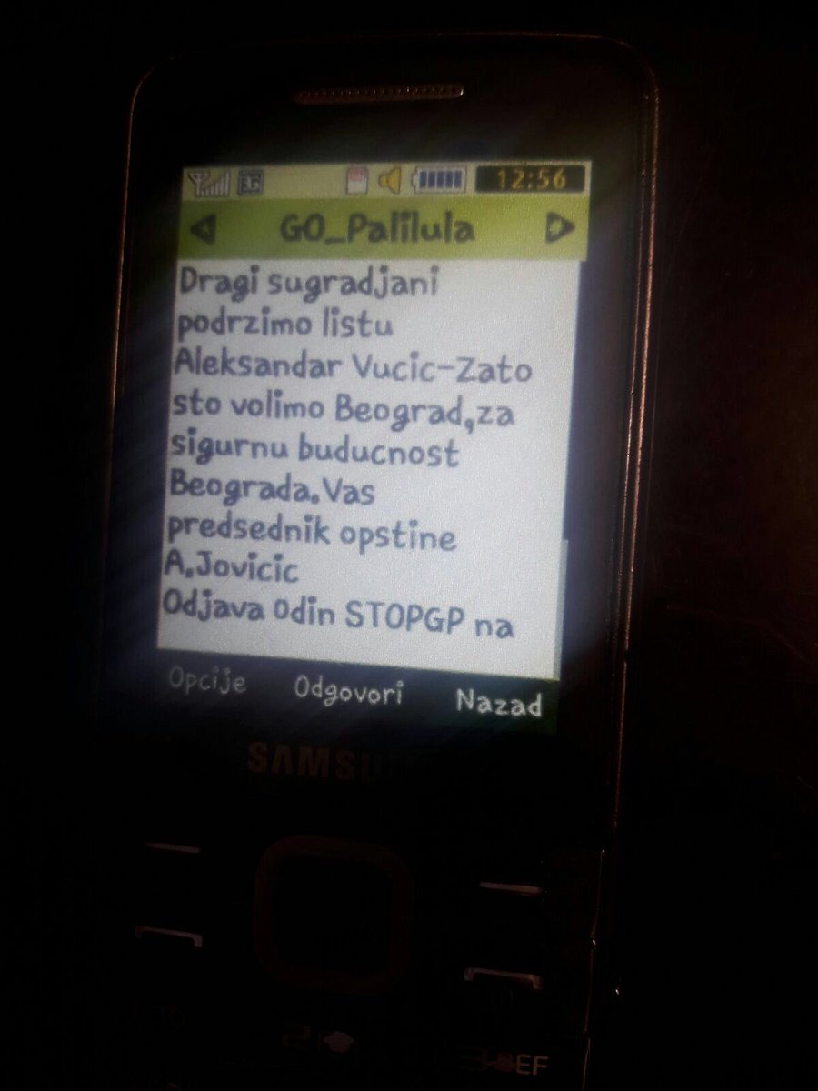 Predsednik opštine Palilula @jovicic_alex sa sms servisa opštine, o trošku opštine, šalje poziv gradjanima Palilule da glasaju za SNS . Kontrola DS piše krivičnu prijavu.
