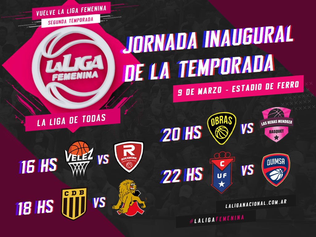 LFBArgentina's tweet photo. ¡El día ha llegado! #Hoy tenemos Open Day de #LaLigaFemenina en @FerroBasquet 
🗓9 de Marzo
🕓16hs - @BasquetVelez 🏀 @ClubRocamora 
🕕18hs - @CDBBasquetfem 🏀 @ameghinobasket 
🕗20hs - @ObrasBasket 🏀 @LHBasquetMza
🕙22hs - @UFloridaBasFem 🏀 @AAQuimsa https://t.co/QTa6xTHSvh