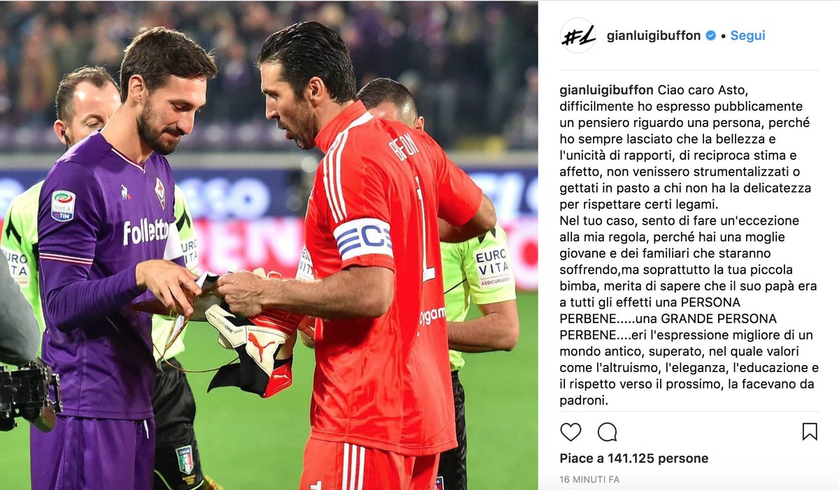 gago_mario's tweet photo. Buffon: “Querido Asto (…) Tienes una mujer joven y familiares que están sufriendo. Sobre todo tu hija que merece saber que su padre era una GRANDISIMA PERSONA… eras la expresión de valores como el altruismo, la elegancia, la educación y el respeto al prójimo" https://t.co/9xeZUEAuSW