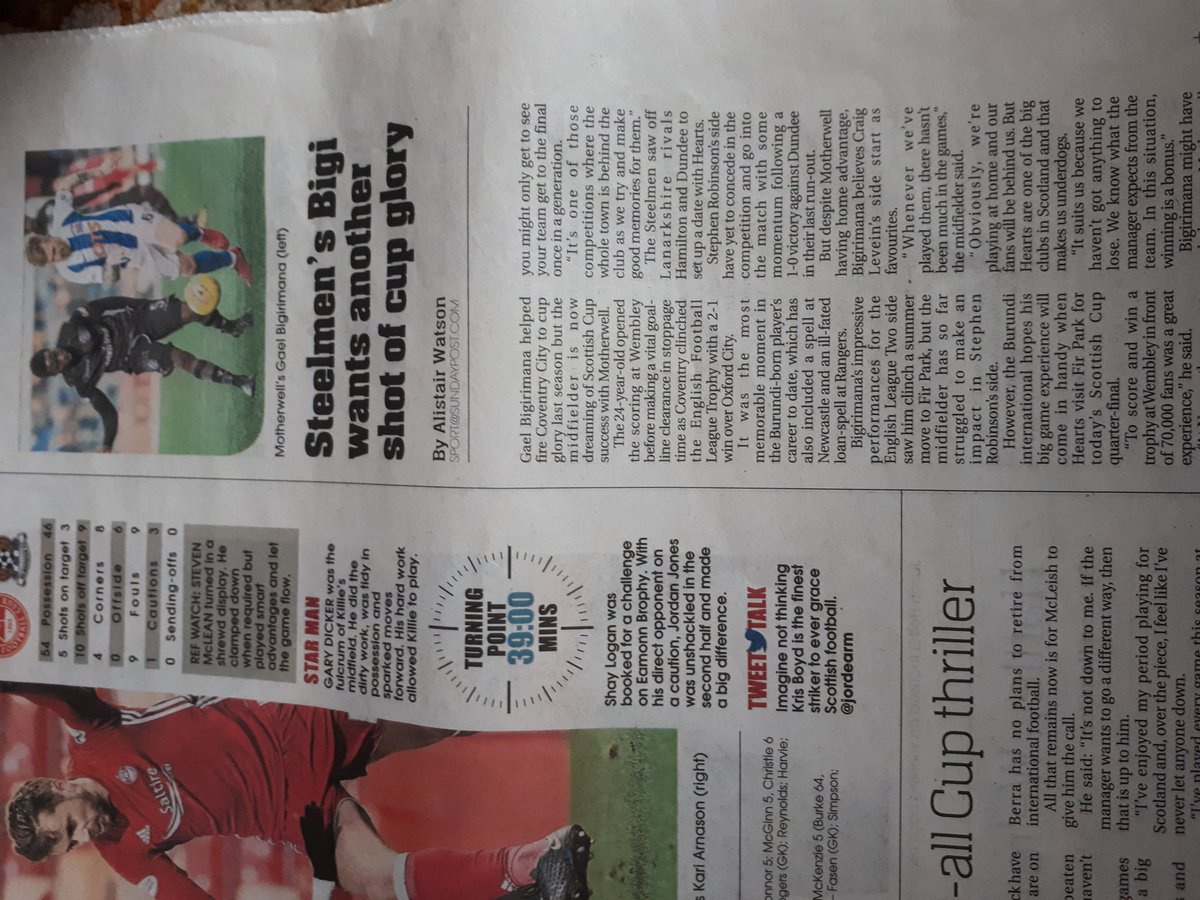 My interview with <a href="/BigiGOfficial/">Gaël Bigirimana</a> Gael Bigirimana in today's <a href="/Sunday_Post/">The Sunday Post</a> previewing #Motherwell v #Hearts #ScottishCup clash at  Fir Park