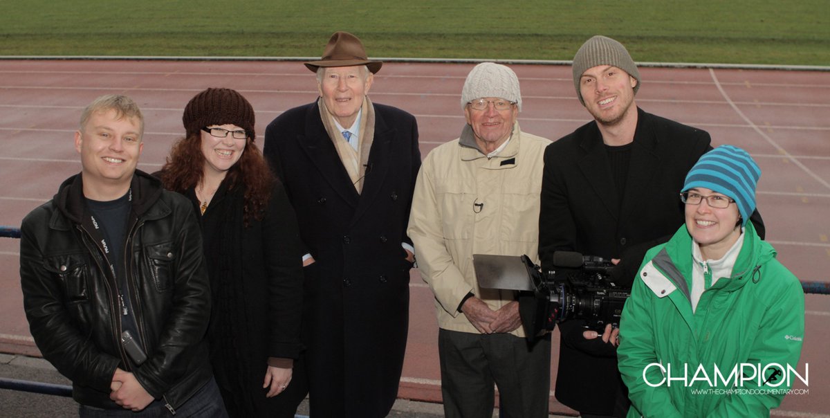 FranzStampfl's tweet photo. Such sad news of Sir Roger Bannister's passing. Our sympathies to his family and friends and our gratitude to him for giving so much of his time &amp; support to the documentary. Pictured: Sir Roger with Sir Chris Chataway &amp; our crew after being interviewed in 2011 #rogerbannister https://t.co/blfLFvqAoX