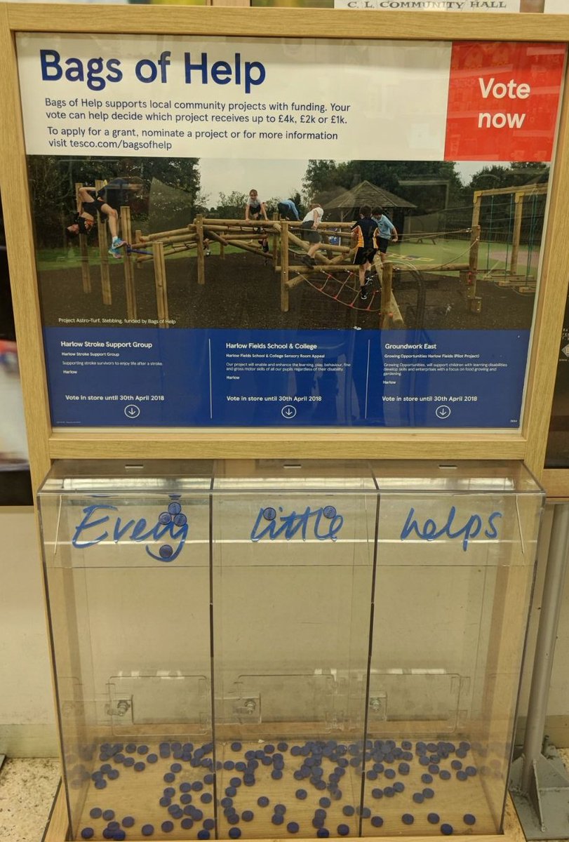 If you shop in Tesco Church Langley, please put all your tokens in the middle slot. Help Harlow Fields get some much needed funding toward the Sensory Room Appeal. 
Vote as many time as you can until April 30th.  #harlow #essex #churchlangley #tesco #charity #fundraising