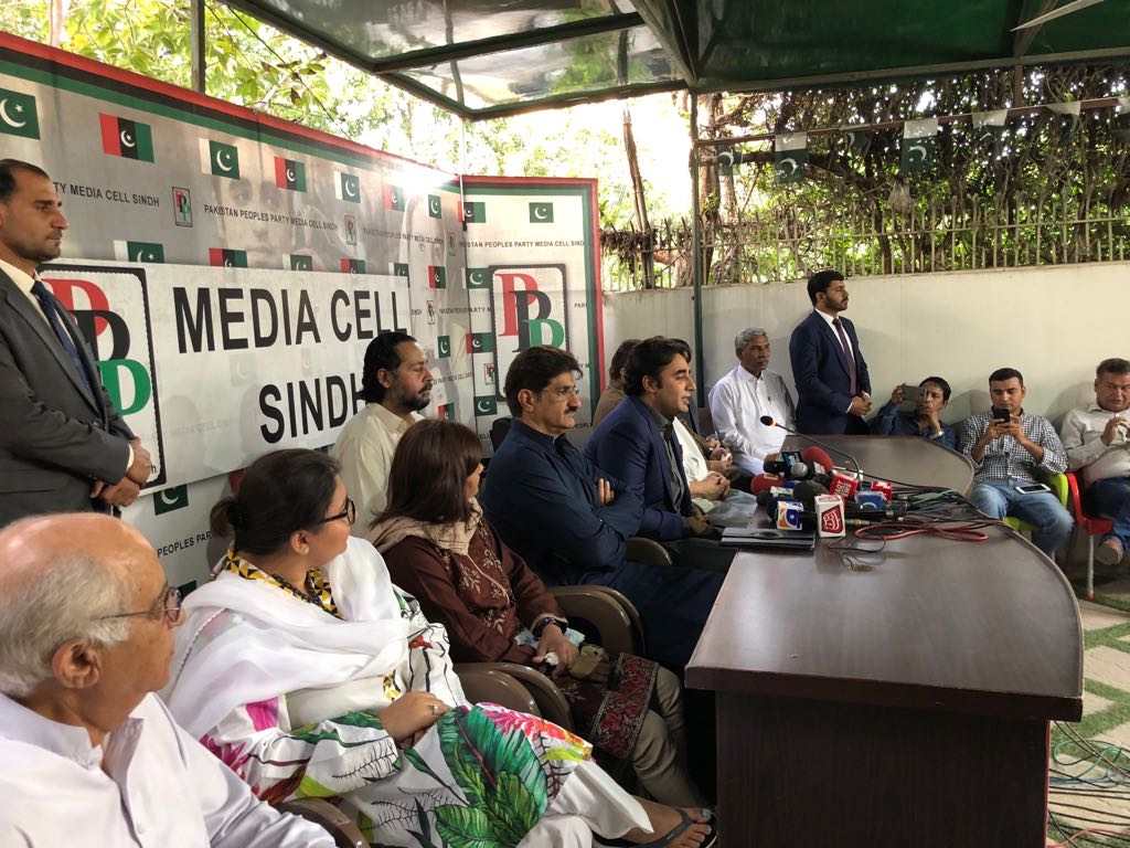 PPP Chairman <a href="/BBhuttoZardari/">Bilawal Bhutto Zardari</a> along with newly elected PPP senators from Sindh is addressing to media at Bilawal house Karachi. CM Sindh <a href="/MuradAliShahPPP/">Murad Ali Shah</a> is also present