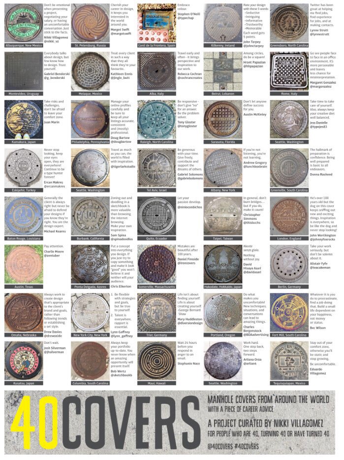 40covers's tweet photo. looking for some solid career advice? check out the #40covers poster:
40 pieces of career advice paired with 40 manhole covers from around the world...for $10. DM me if you’re interested and i’ll mail to you! https://t.co/hfKXiSiORb