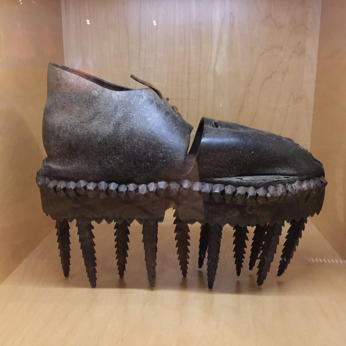 darra_goldstein's tweet photo. These scary-looking shoes -- clogs for crushing chestnuts in 19th-century Auvergne, remind us how hard people once had to labor to eat. Something we need to remember in our grab-and-go era. @batashoemuseum #Shoes https://t.co/NZl4E7LeGE