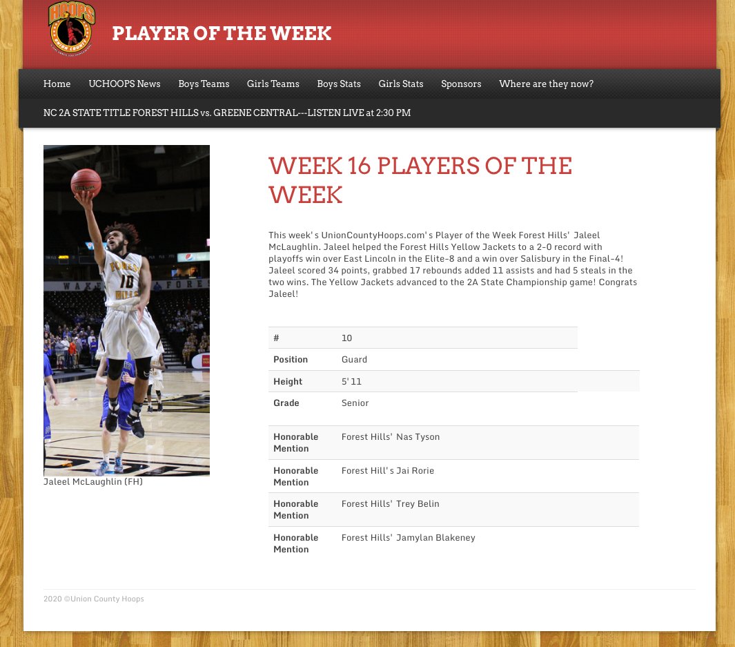 The Week 16 Boys Player of the Week is Forest Hills' Jaleel McLaughlin 
<a href="/Speedkills2k_/">Jaleel Mclaughlin</a>  <a href="/FH_Stinger/">FHStinger</a> @ForestHillsHS @FHHS_Basketball 
<a href="/langstonwertzjr/">Langston Wertz Jr.</a> <a href="/NasTyson24/">Nas Tyson</a> <a href="/Jairorie30/">Jai</a> Jamylan Blakeney <a href="/TreyBelin/">Trey Belin</a> UnionCountyHoops.com