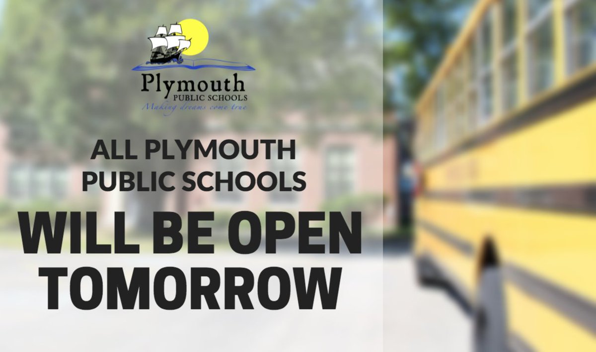 PlymouthSch's tweet photo. All of our schools have power &amp; will be open tomorrow. We hope our PPS families are safe and recovering from Friday's storm. If any family has extenuating circumstances in regard to getting to school tomorrow, pls call your child's school &amp; inform them of the circumstance. https://t.co/est58TVSTC