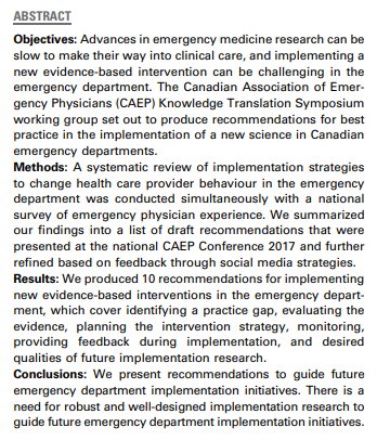 Brent_Thoma's tweet photo. Now up on FirstView @CJEMonline - our Consensus Conference paper outlining 10 recommendations for implementing change in the ED! https://t.co/uBjLrcElId