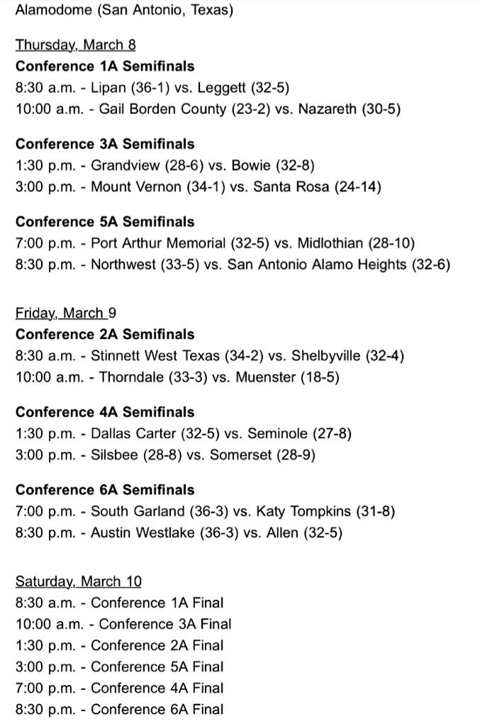 Travis5mith's tweet photo. Here it is. UIL boys' basketball state tournament pairings, times and schedule. 

(28-10) No.9 @midlobasketball starts its tournament at 7p Thursday against (32-5) No.4 PA Memorial. @hoopinsider #txhshoops https://t.co/9I04vRo6wH