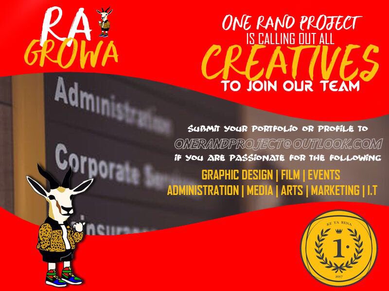 BangDulamo_ZA's tweet photo. #RaGrowa over at #OneRandProject ‼️ This is a call out for all creatives to join our event super team! #JobsZA #Learnership https://t.co/pWDMAD7AS3