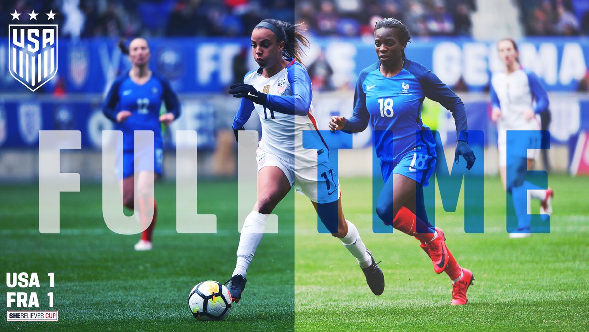 USWNT's tweet image. That's the game! A physical match vs. 🇫🇷 in New Jersey ends in a 1-1 draw.

#SheBelievesCup // #USAvFRA
