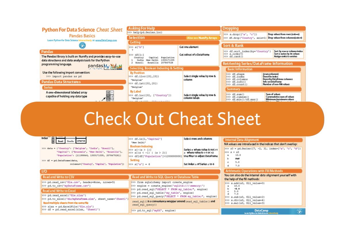 DataCamp's tweet photo. #DataScience in #Python: #Pandas basics cheat sheet 🐼  - https://t.co/3QRPreBO6v https://t.co/OMoPrrIWnQ