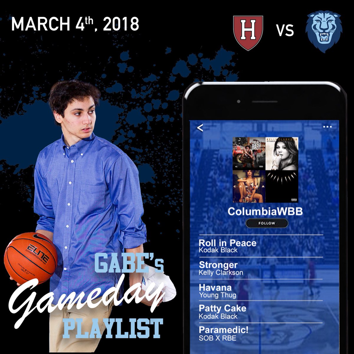 CULionsWBB's tweet photo. Shout out to senior @glk2110 for always holding down the speaker! 💙 Today is your day for the top 5! 😝 Love the Kelly Clarkson! #CUBeats🎧 https://t.co/VBqkpF2xgQ