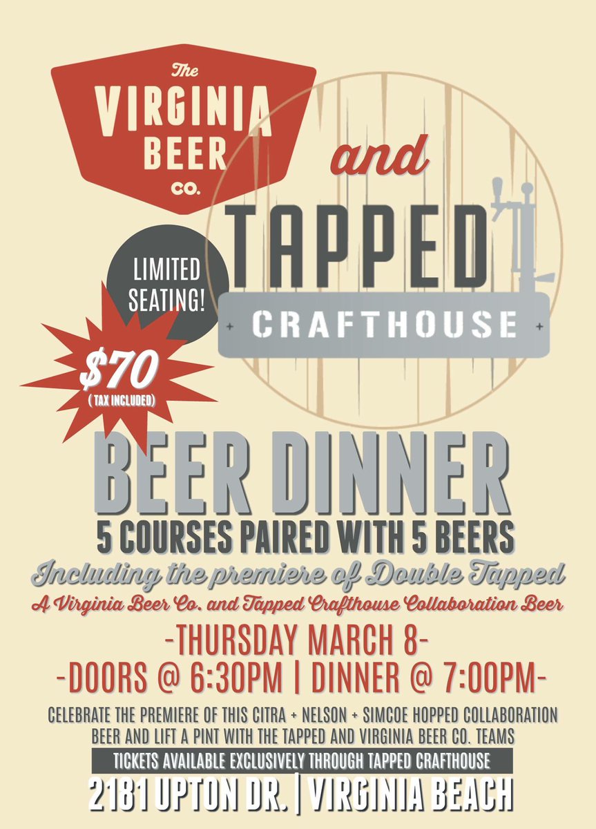 bigwilley18's tweet photo. Join @VirginiaBeerCo on 3/8 for a #TappedCrafthouse Collab Beer Release + Dinner!
Double Tapped #DIPA:
3+ lbs. per bbl dry-hop w/ Citra, Nelson, & Simcoe...and some Simcoe #LupulinPowder for good measure! A big, badass beer for a big, badass beer dinner.
https://t.co/83Puqv9D2P https://t.co/3UPFLW4lF4