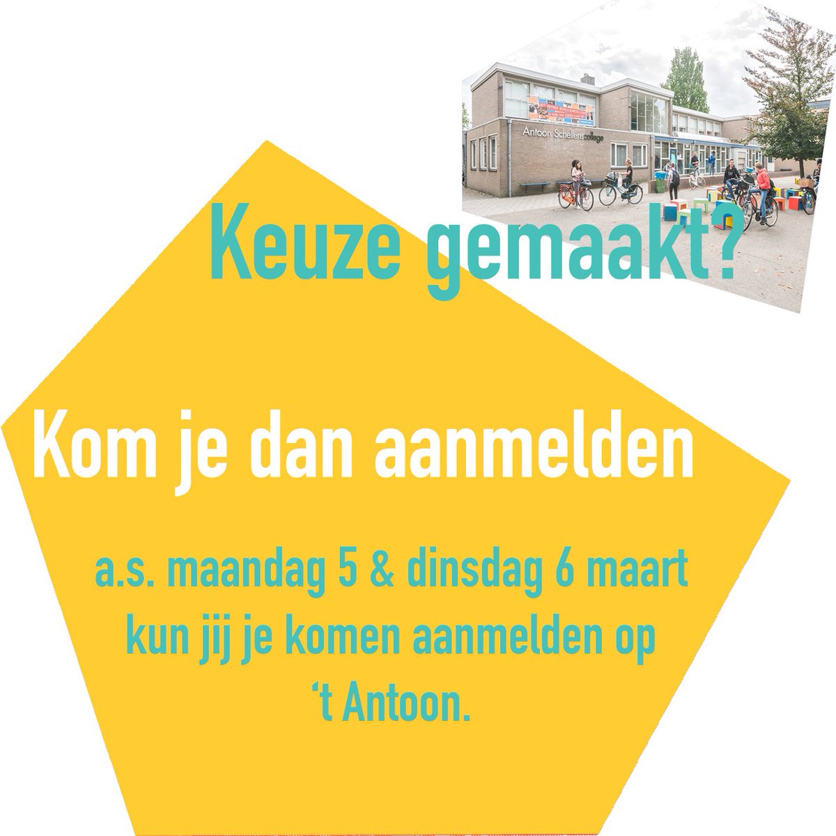 AntoonSC's tweet photo. Komende week kun je je nog aanmelden bij ons op school. Vergeet je aanmeldformulieren niet mee te nemen. Meer informatie op onze website. https://t.co/xYV3030BIv