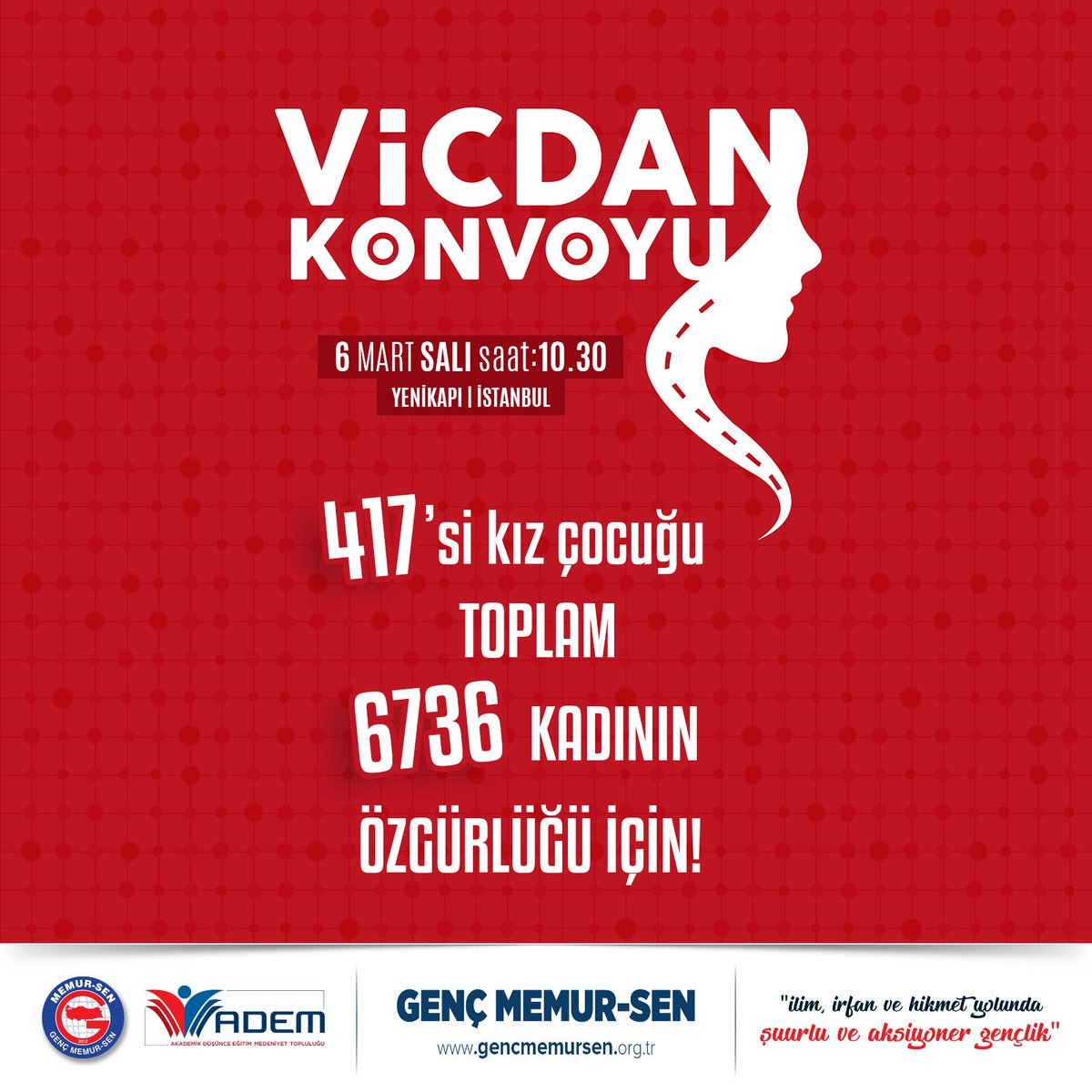 2011’den bu yana binlerce Suriyeli kadın, yargısız infaza ve işkenceye maruz kalıyor. Hapishanelerden yükselen çığlıklar kilometrelerce öteden bile duyuluyor. Bu zulme artık dur deme zamanı. 
Vicdan Konvoyu 6 Mart Salı günü İstanbul’dan yola çıkıyor. #VicdanKonvoyu