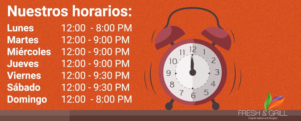 FreshandGrill's tweet photo. ¿Agenda llena? Te recordamos nuestros horarios para que planifiques y hagas un hueco en tu agenda y nos visites en @FreshandGrill https://t.co/XXFiM9aSNf