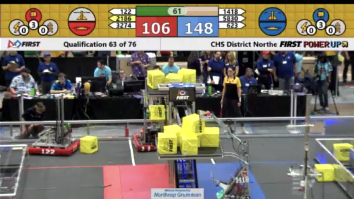 Robotics1418's tweet photo. Wow! An amazing match. Although no ranking points, the team is driving more consistently! We are a power team for an upcoming alliance! Thanks to @FRC623 #frc5830 #omgrobots @FIRSTChesapeake https://t.co/3QmJqeZLeo