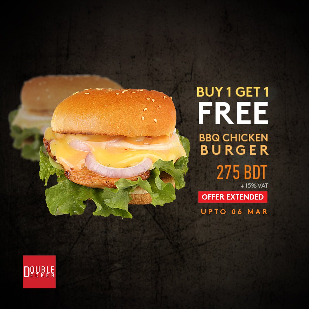 DoubleDecker_BD's tweet photo. You requested, We heard
Buy 1 Get 1 Free BBQ Chicken Burger offer is extended up to 6 March 2018 !!!

Price: 275 BDT +15% VAT
Offer Validity: 01- 06 March, 2018 

 #Buy1Get1 #free
#bbq #flavor #burger #delicious #food #foodporn #Foodies #LoveForFood #Dhanmondi #Restaurant https://t.co/MAPUM3kFIE