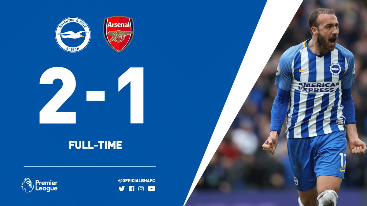 FT: Outstanding! A resolute second-half performance sees Albion hold onto their 2-1 lead to beat <a href="/Arsenal/">Arsenal</a> at the Amex Stadium. Dunk and Murray scored before Aubameyang pulled one back. The Seagulls move seven points clear of the <a href="/premierleague/">Premier League</a> drop zone. #BHAFC 2 #AFC 1 #BHAARS