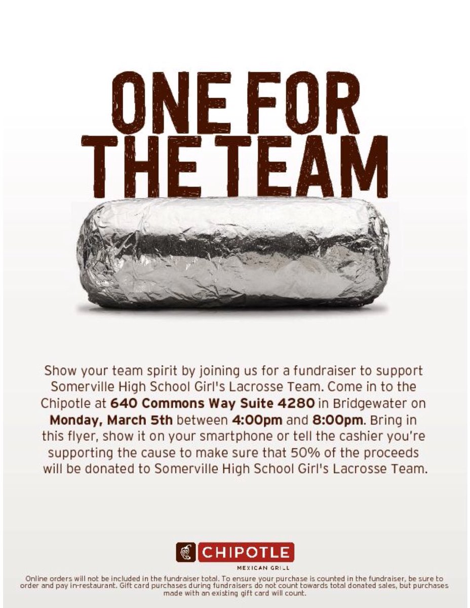 Get to Chipotle tomorrow at 4:00 for an early dinner to support <a href="/villeglax/">SHS Girls Lacrosse</a>  then head to the <a href="/VilleWBBall/">SomervilleHS WBB</a> sectional final.