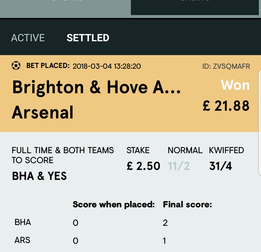 sausageman71's tweet photo. #BRIvsARS Thanks to @KwiffOfficial for kwiffing my bet 😁 https://t.co/S9gVw4NMcg