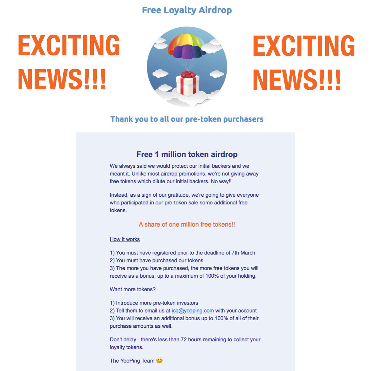 yoo_ping's tweet photo. We love to reward our loyal supporters! Get involved with our airdrop and see how you can earn more! #airdrop #stopSpam #bounty #bounties #cryptocurrency #ico #presale #yooping  #smartcontracts #blockchain #crypto #cryptoenthusiast #getinvolved #eth #btc #tech #bitcoin https://t.co/96vmgcWRo2