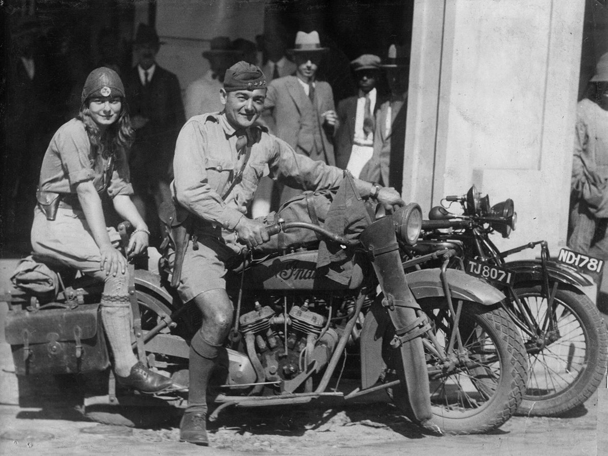 AlohaWanderwell's tweet photo. Indian had agreement to sponsor the motorcycle of choice in the Wanderwell Expeditions with Walter and Aloha. That’s Miki (Meg) or Margaret Hall, Aloha’s sister, on the back behind Cap Wanderwell.
#AlohaWanderwell
#IndianMotorcycle
#WomenofCourage
#QueenofAdventure
#Wanderwell https://t.co/USOP98frFm