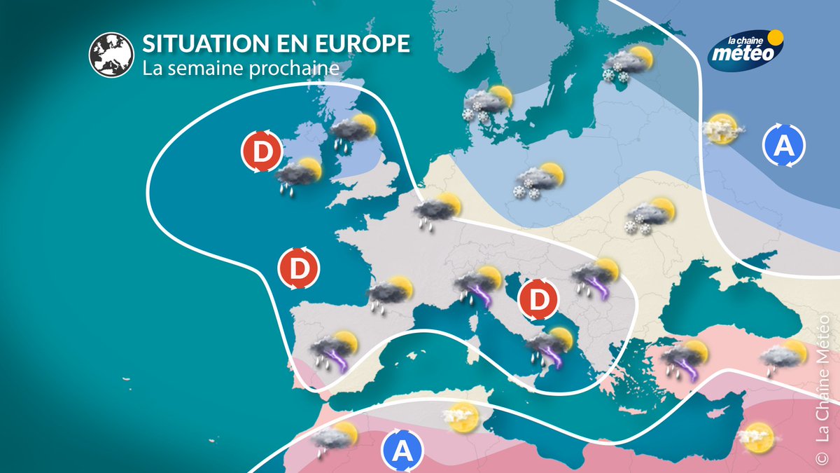 lachainemeteo's tweet photo. Le temps est #perturbé toute la semaine avec des #pluies et des #averses fréquentes.  La faute à un vaste système dépressionnaire étendu de l'Atlantique jusqu’au bassin méditerranéen. https://t.co/PStyyjgNzC https://t.co/XyBdjTHXr4