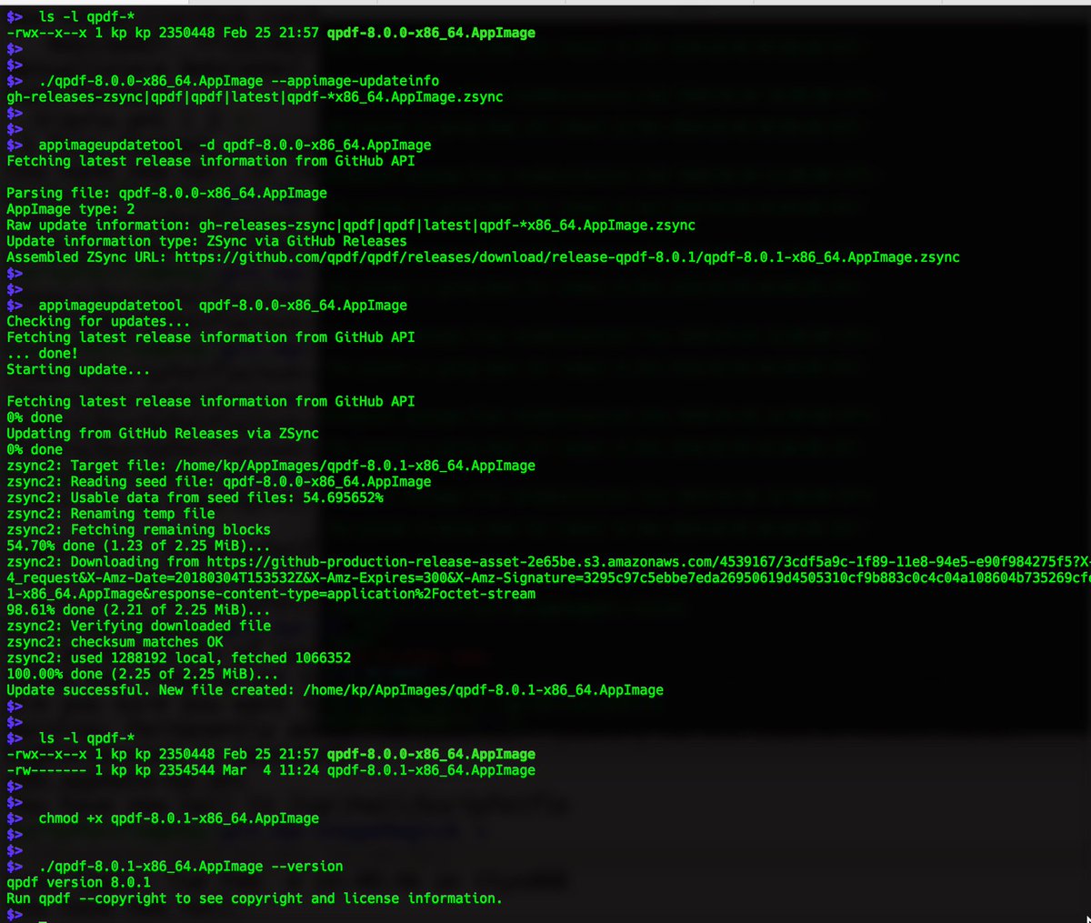pdfkungfoo's tweet photo. #CLI tool to process/transform/manipulate/analyse #PDF files:
#QPDF just released as v8.0.1.
Upgrading my #Linux #AppImage from v8.0.0 via binary delta update worked flawlessly.
This process downloads only those parts from new build which changed.
Stems on 'zsync2'.
/cc @climagic https://t.co/WlfZbzqNLD