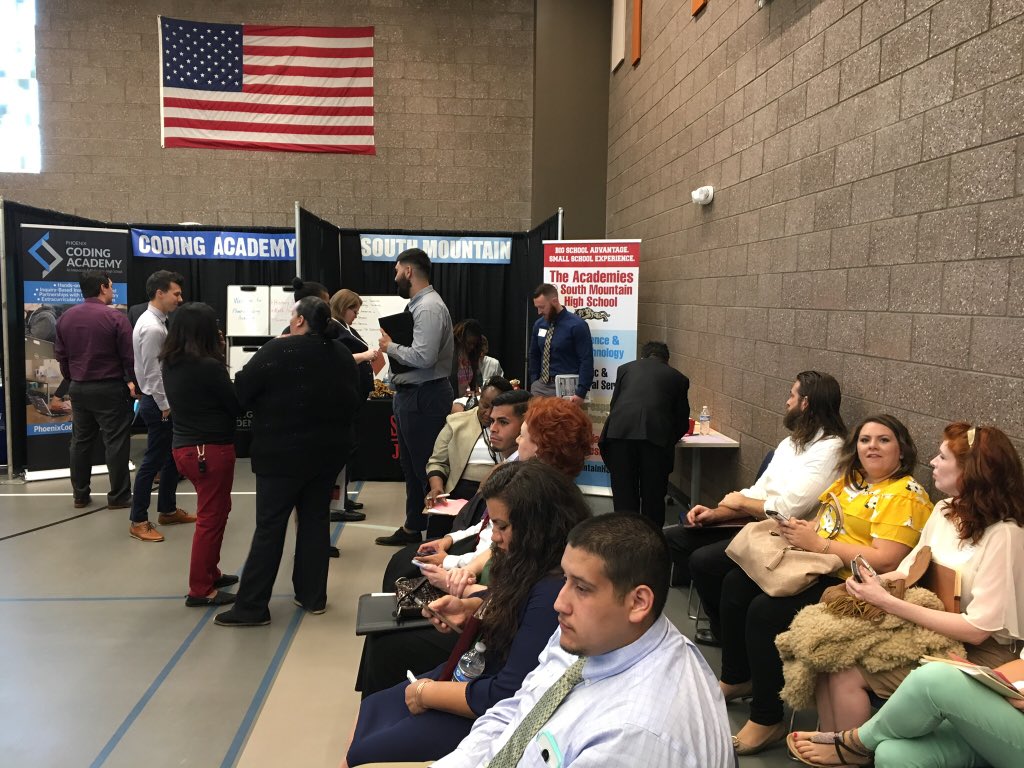 Wyandotte_High's tweet photo. The @PhoenixUnionHS #JobFair is better than the NBA Draft and the NFL Dtaft put together. Getting the opportunity to select from the best teachers in Arizona is Priceless. @SouthMountainHS #WorldLanguageDept https://t.co/A7FedI3Zbq